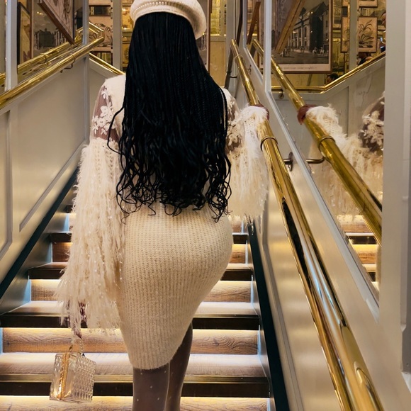 Embroidery Mesh Fringe Trim Bodycon Sweater Dress-Apricot - Picture 3 of 6